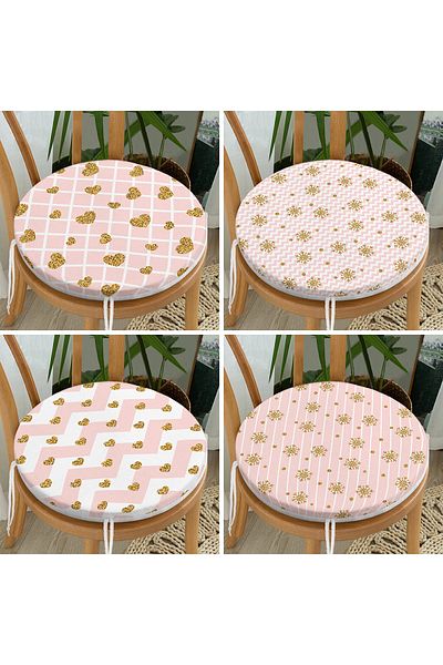 Realhomes Set of 4 Gold Detailed Pink Zigzag Design Round Zippered Chair Cushions