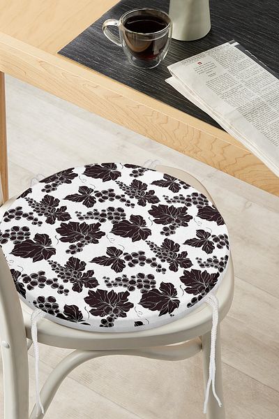 Realhomes Digital Printed Modern Round Zippered Chair Cushion with Black Leaf Pattern on White Background