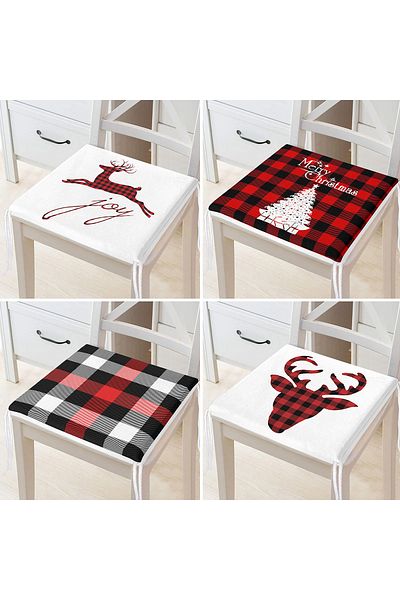 Realhomes 4-Piece Christmas Themed Plaid Zippered Chair Cushion Set