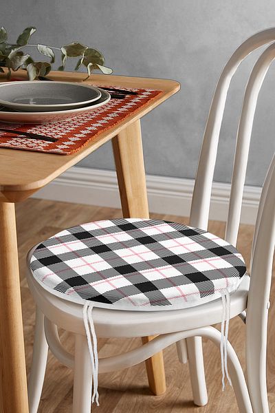 Realhomes Black Plaid Pattern Digital Printed Modern Round Zippered Chair Cushion on White Background