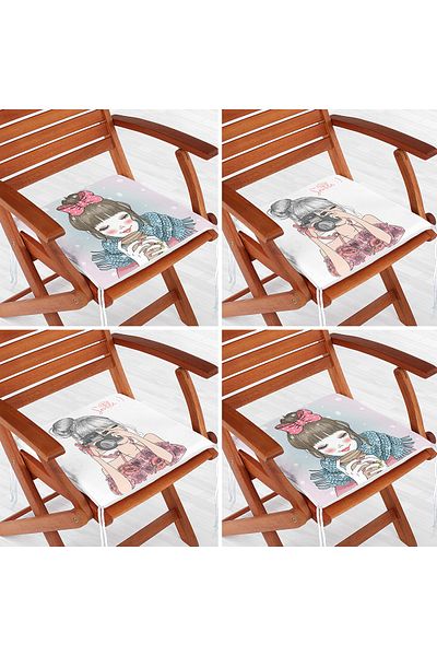 Realhomes 4-Piece Girl Drinking Coffee and Taking Photos Zippered Chair Cushion Set