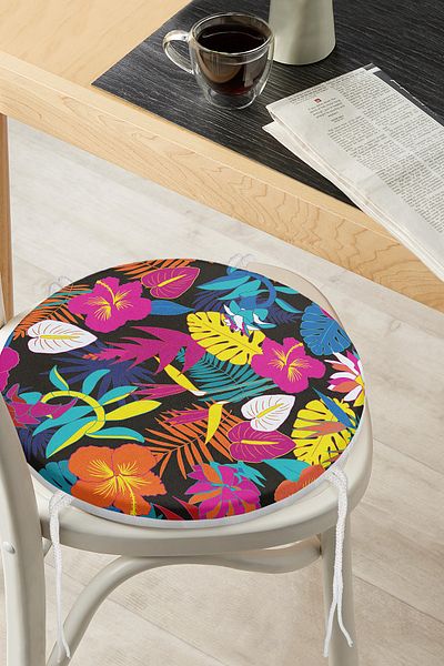 Realhomes Tropical Plants on Black Background Digital Printed Modern Round Zippered Chair Cushion