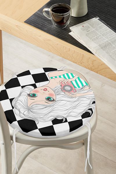 Realhomes Digital Printed Modern Round Zippered Chair Cushion with Checkerboard Background Girl Taking Photos