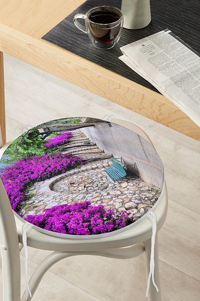 Realhomes Purple Ivy Patterned Digital Printed Round Zippered Chair Cushion