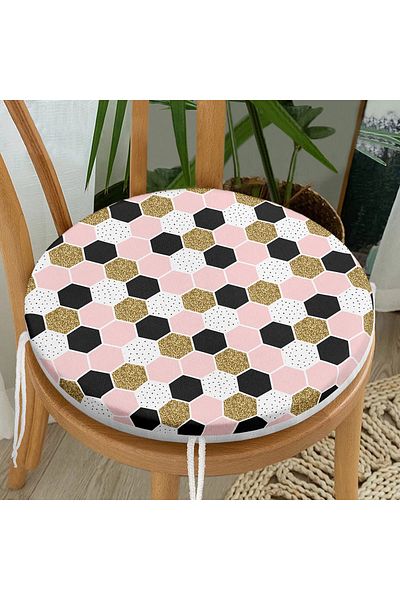 Realhomes Geometric Honeycomb Patterned Gold Detailed Modern Round Zippered Chair Cushion