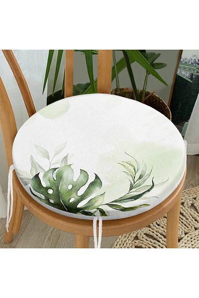 Realhomes Digital Printed Modern Round Zippered Chair Cushion with Green Tropical Leaf Motif