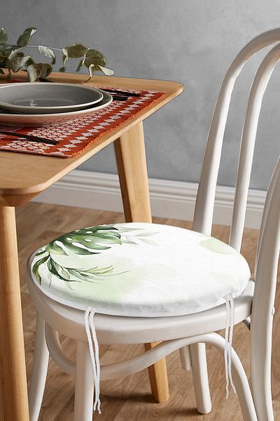 Realhomes Digital Printed Modern Round Zippered Chair Cushion with Green Tropical Leaf Motif