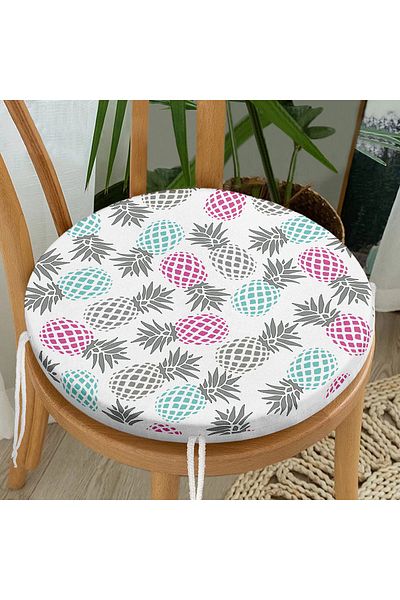 Realhomes Digital Printed Round Zippered Chair Cushion with Pineapple Motif on White Background