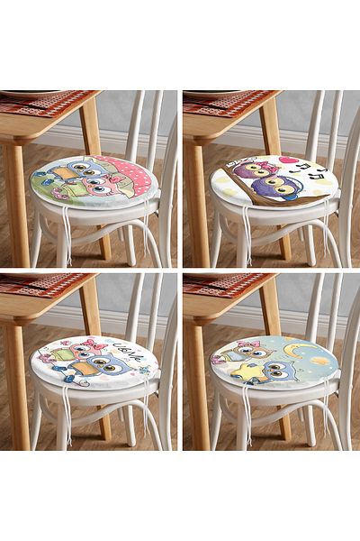 Realhomes Set of 4 Cute Owl Motif Round Zippered Chair Cushions