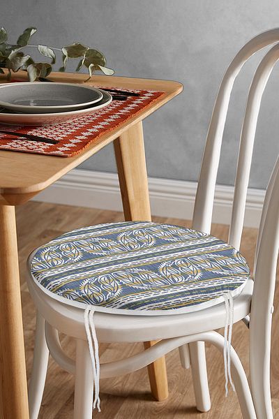 Realhomes Plain Striped Leaf Motif Round Zippered Chair Cushion with Denim Floor