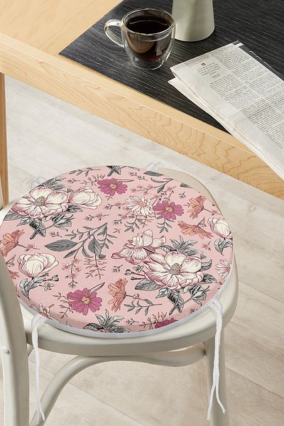 Realhomes Digital Printed Round Zippered Chair Cushion with Daisy & Rose Design