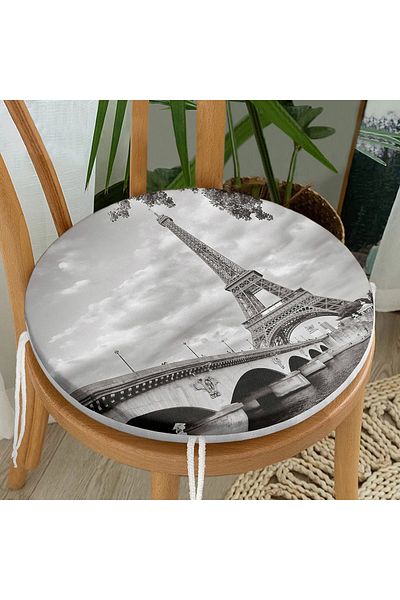 Realhomes Digital Printed Round Zippered Chair Cushion with Eiffel Tower Design