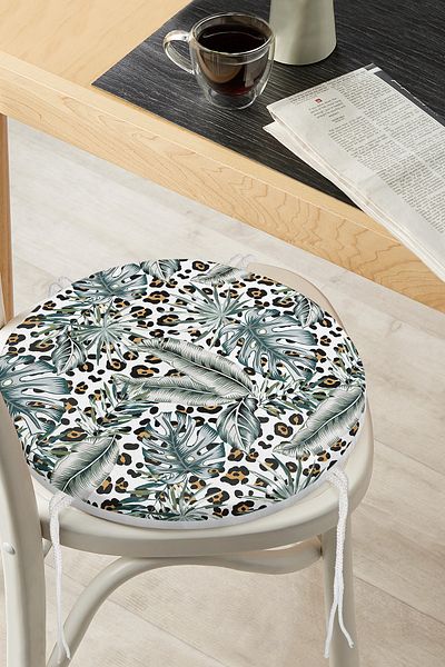 Realhomes Silver Tropical Leaves on Leopard Floor Digital Printed Round Zippered Chair Cushion