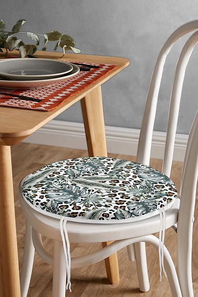 Realhomes Silver Tropical Leaves on Leopard Floor Digital Printed Round Zippered Chair Cushion