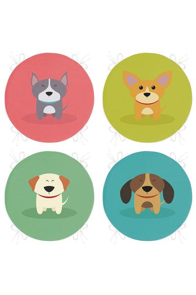 Realhomes 4'lü Sevimli Köpekcikler Yuvarlak Fermuarlı Sandalye Minderi Seti