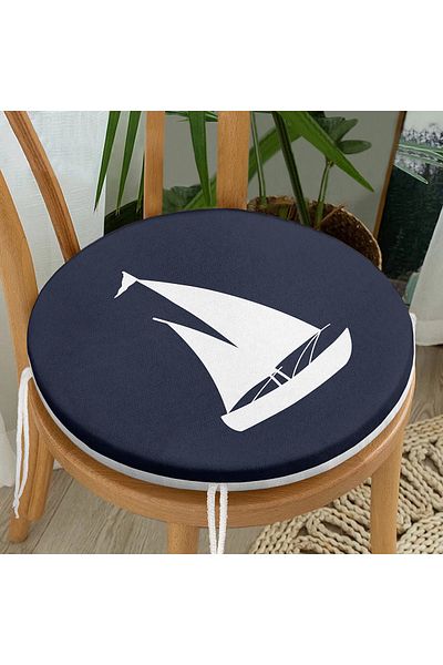 Realhomes Navy Blue Floor Sail Patterned Digital Printed Modern Round Zippered Chair Cushion