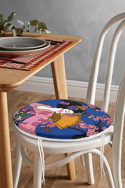 Realhomes Floral Patterned Fan Japanese Girl Motif Modern Round Zippered Chair Cushion