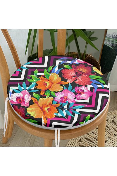 Realhomes Zigzag And Flowers Special Design Round Zippered Chair Cushion