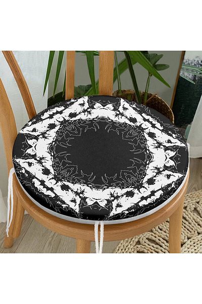 Realhomes Square Mandala Patterned Special Design Round Zippered Chair Cushion on Black Background