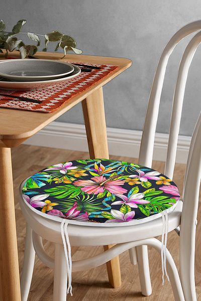 Realhomes Tropical Patterned Digital Printed Round Zippered Chair Cushion with Navy Blue Background