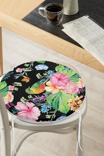 Realhomes Watercolor Flower and Bird Motif Special Design Round Zippered Chair Cushion