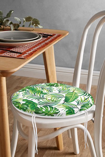 Realhomes Modern Round Zippered Chair Cushion with Green Leaves Design on White Background