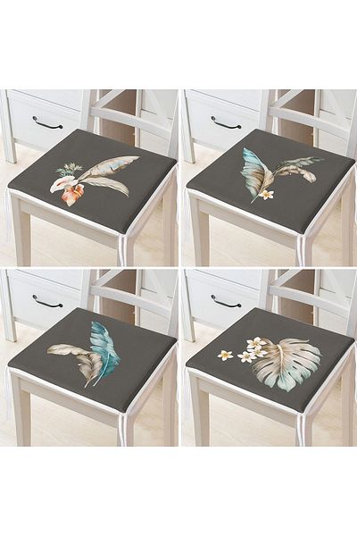 Realhomes 4-Piece Dark Floor Feather Motif Digital Printed Modern Zippered Chair Cushion Set