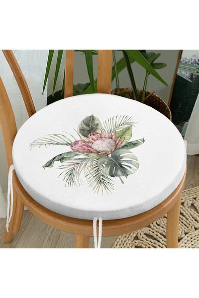 Realhomes Digital Printed Round Zippered Chair Cushion with Tropical Leaf Design