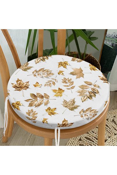 Realhomes Gold Leaves Patterned Digital Printed Round Zippered Chair Cushion on White Background