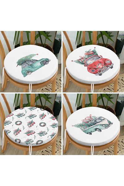 Realhomes 4-Piece Pine Wood Car Patterned Digital Printed Modern Round Zippered Chair Cushion Set