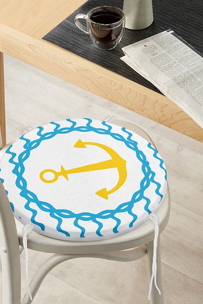 Realhomes Digital Printed Modern Round Zippered Chair Cushion with Anchor Pattern on White Background