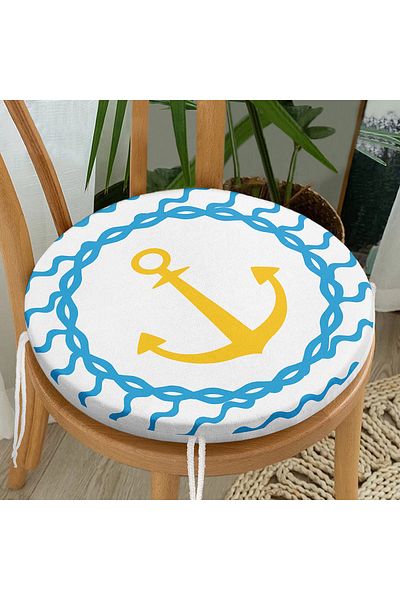 Realhomes Digital Printed Modern Round Zippered Chair Cushion with Anchor Pattern on White Background