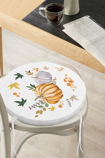 Realhomes Digital Printed Modern Round Zippered Chair Cushion with Pumpkin Pattern on White Background
