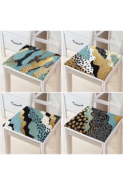 Realhomes 4-Piece Modern Zippered Chair Cushion Set with Gold Detailed Abstract Drawing on Colorful Floor