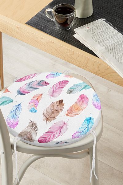 Realhomes Digital Printed Modern Round Zippered Chair Cushion with Colorful Bird Feathers Drawing