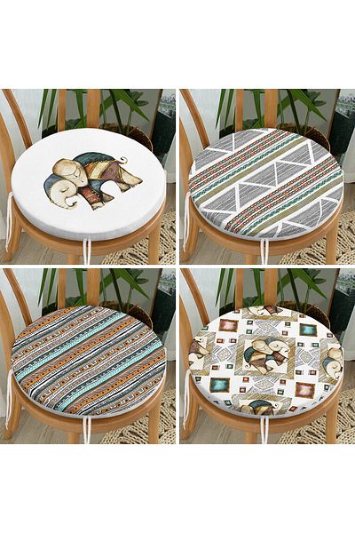 Realhomes Set of 4 Ethnic Elephant Figured Digital Printed Round Zippered Chair Cushions