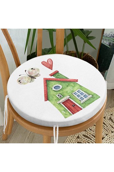 Realhomes Miniature Green House Drawing Digital Printed Modern Round Zippered Chair Cushion
