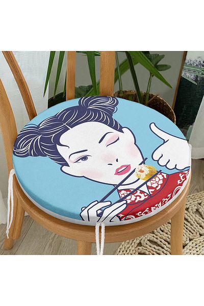 Realhomes Japanese Girl Eating Sushi Patterned Modern Round Zippered Chair Cushion