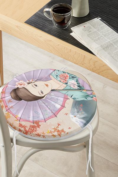 Realhomes Round Zippered Chair Cushion with Umbrella and Japanese Girl Motif