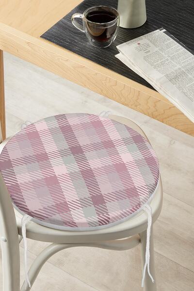 Realhomes Кругла подушка для стільця з сірим фоном і картатим візерунком, на ...