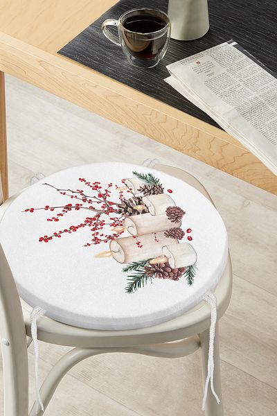 Realhomes Christmas Themed Digital Printed Round Zippered Chair Cushion with Candle & Cone Design