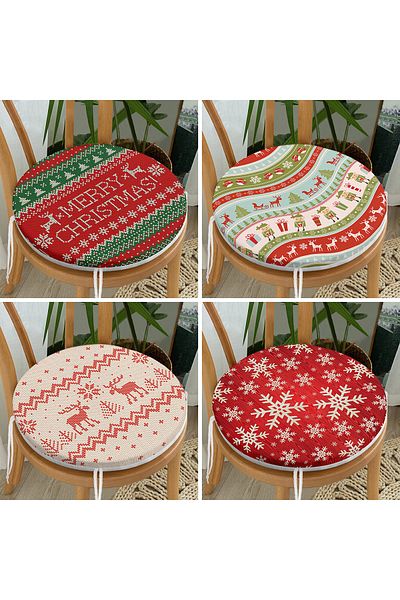 Realhomes Set of 4 Merry Christmas Themed Concept Round Zippered Chair Cushions