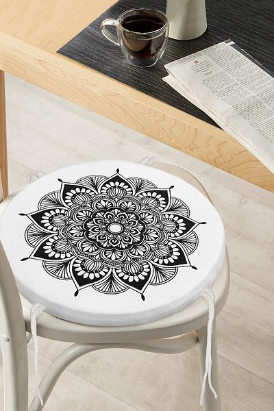 Realhomes Round Zippered Chair Cushion with Flower Mandala Pattern on White Background