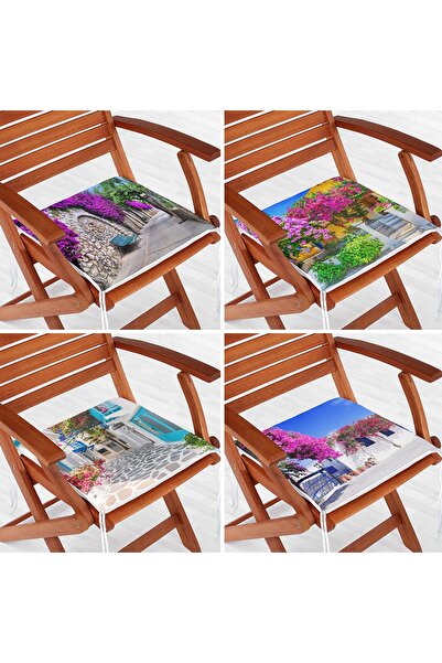 Realhomes 4'lü Mor Sarmaşıklı Sokaklar Fermuarlı Sandalye Minderi Seti