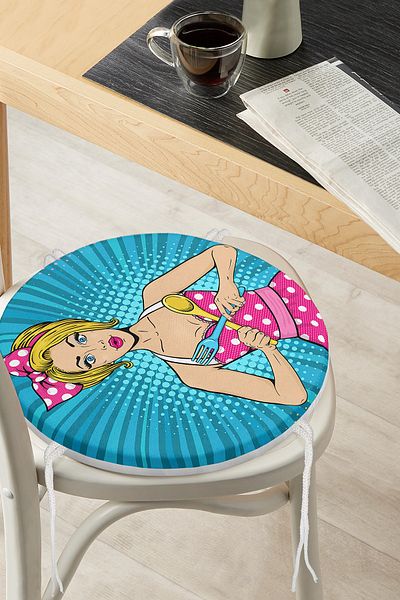 Realhomes Blue Floor Popart Girl Patterned Round Zippered Chair Cushion