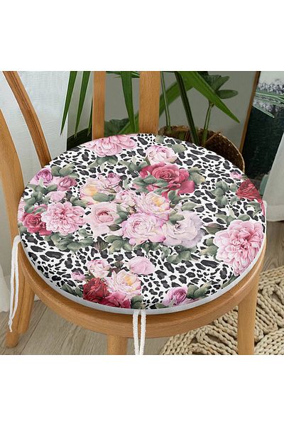 Realhomes Leopard Themed Cross Stitch Patterned Digital Printed Round Zippered Chair Cushion
