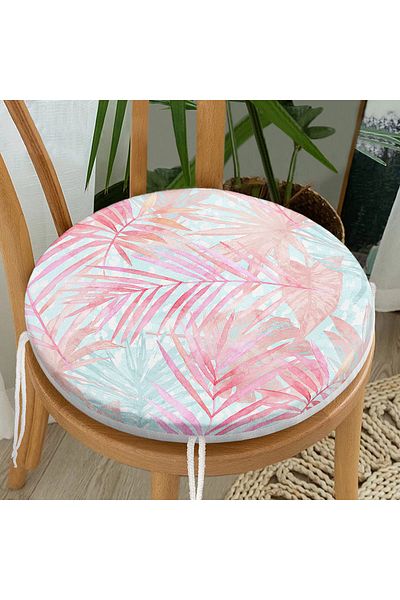 Realhomes Pink And Blue Leaf Patterned Special Design Round Zippered Chair Cushion