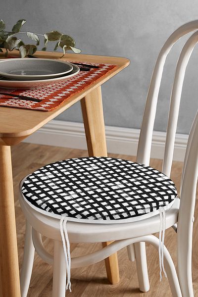 Realhomes Round Zippered Chair Cushion with Geometric Square Motif on Black Background