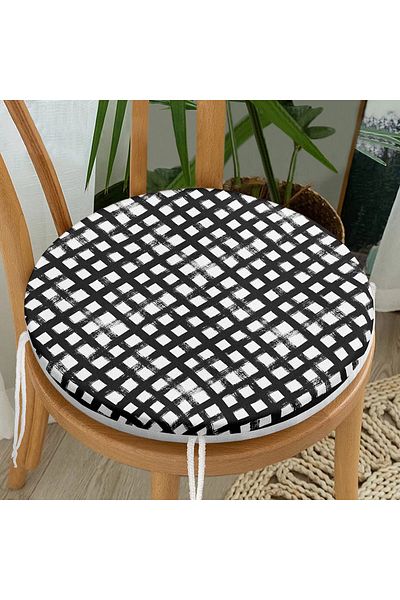 Realhomes Round Zippered Chair Cushion with Geometric Square Motif on Black Background