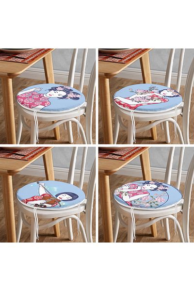 Realhomes Set of 4 Round Zippered Chair Cushions with Japanese Girl on Me Blue Floor